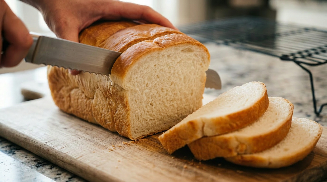Golden pillowy soft sourdough sandwich loaf cooling on a wire rack